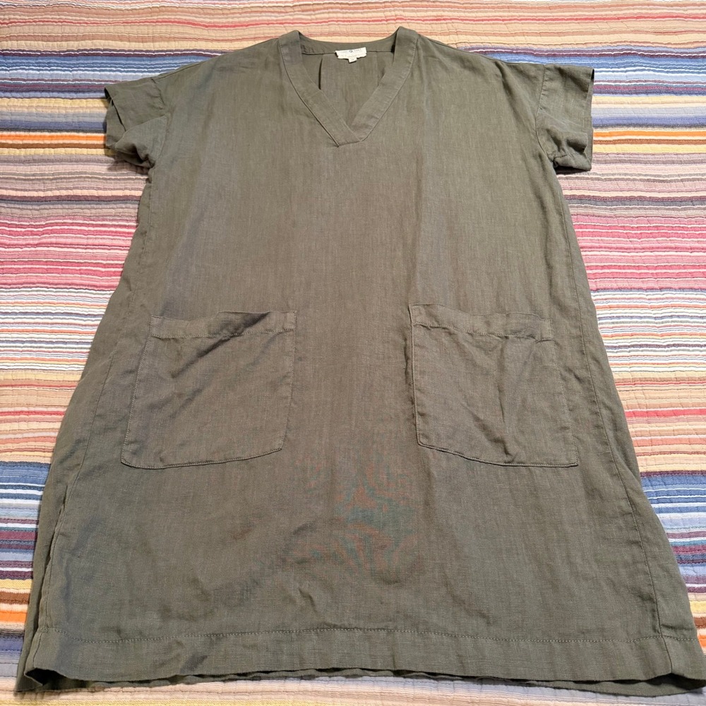 LOFT Lou & Grey Olive Green 100% Linen V-Neck Shift‎ Dress with Pockets Size M